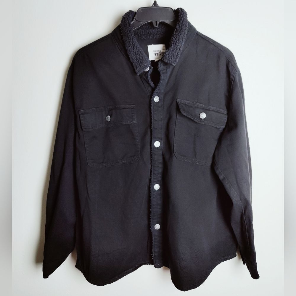 Madden NYC Black Denim 100% Cotton Utility Jacket Sherpa Collar Trim, Sz XXL